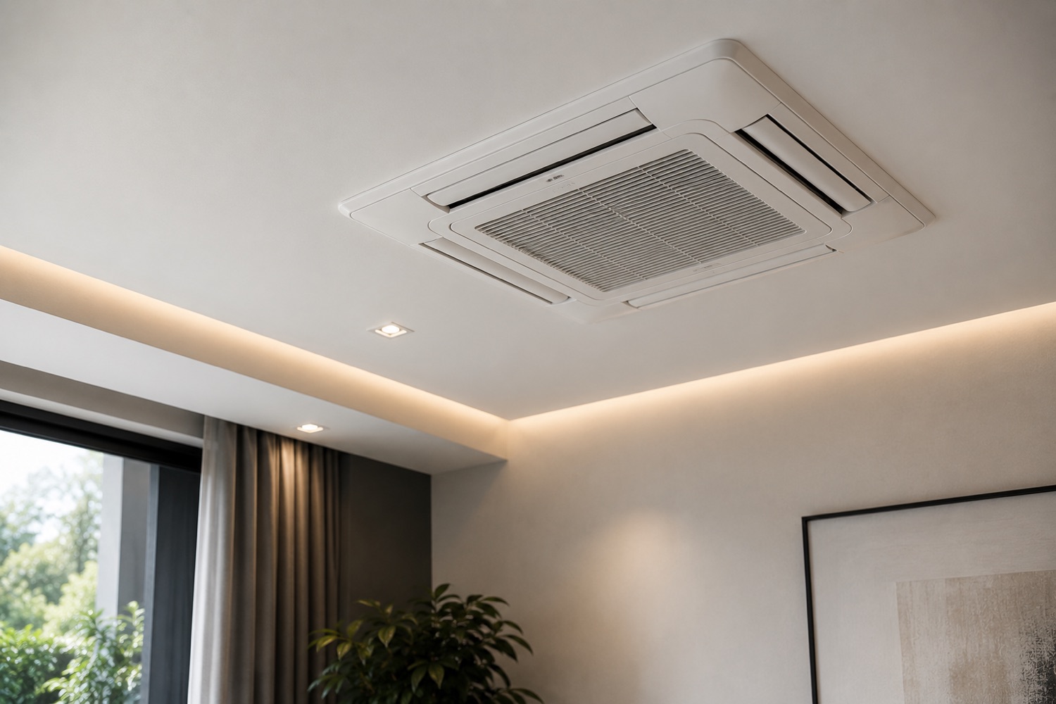 Cassette de climatisation encastrée dans un plafond blanc avec éclairage indirect.